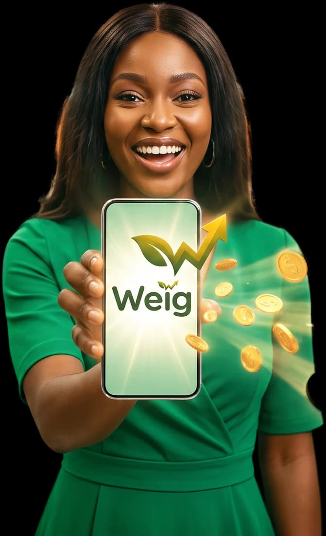 A smiling woman holds up her phone showing the Weig app, with gold coins flying from it